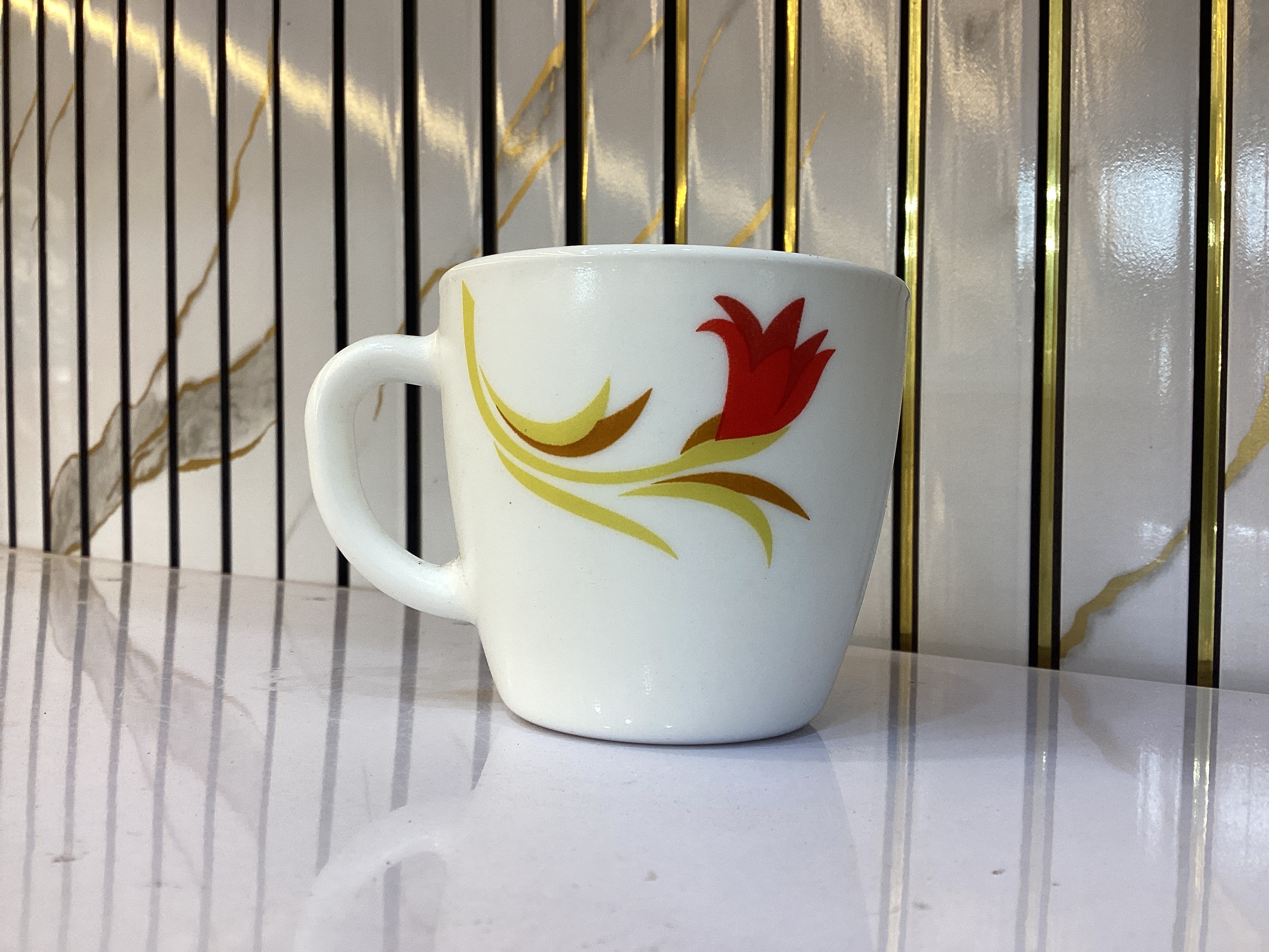Borosil Larah Ceramic Floral Printed Tea Cup — Golden-Red