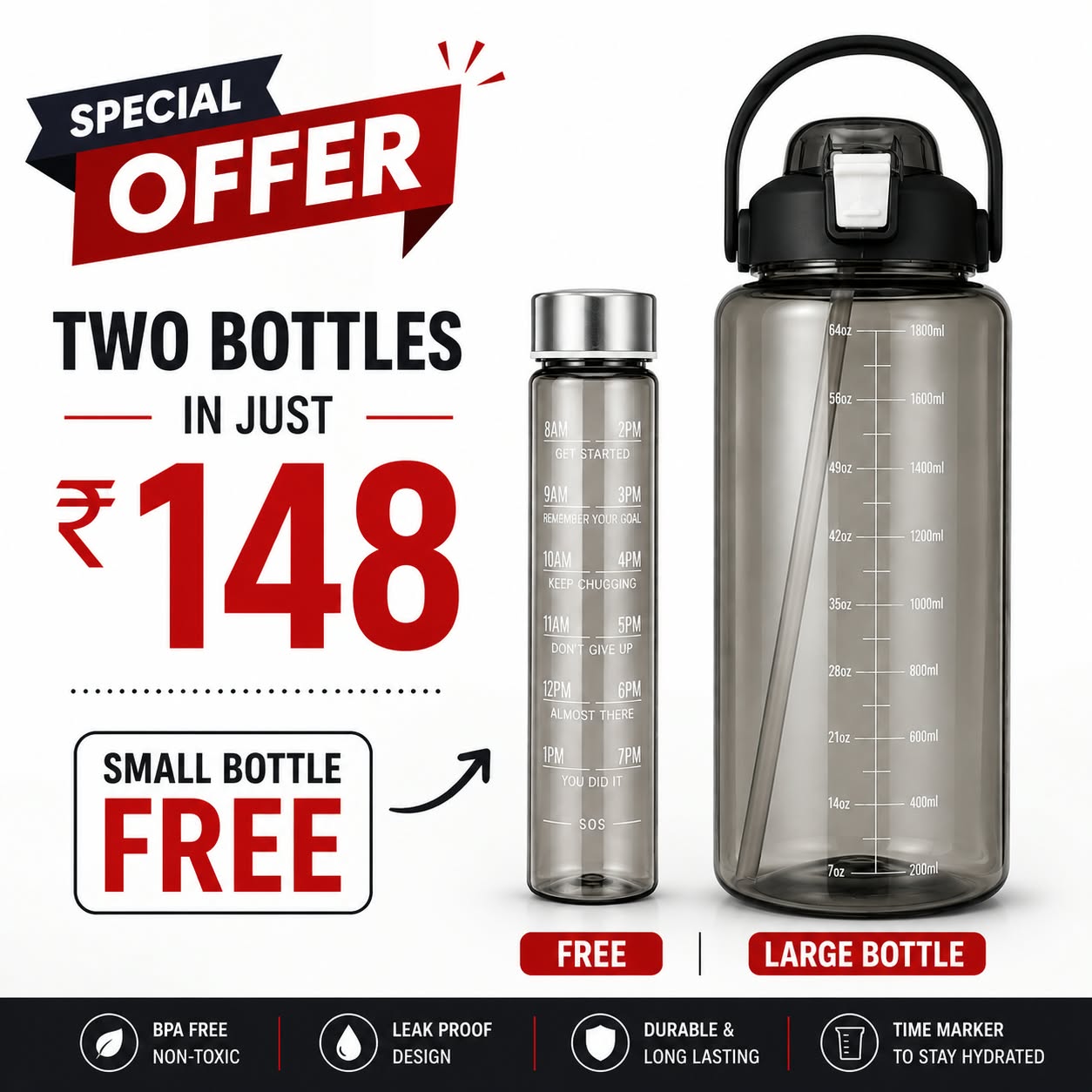 Premium Water Bottle With Straw 2000ml (Free 300ml Bottle )