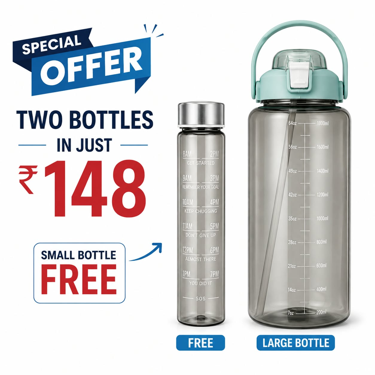 Premium Water Bottle With Straw 2000ml (Free 300ml Bottle ) — Blue