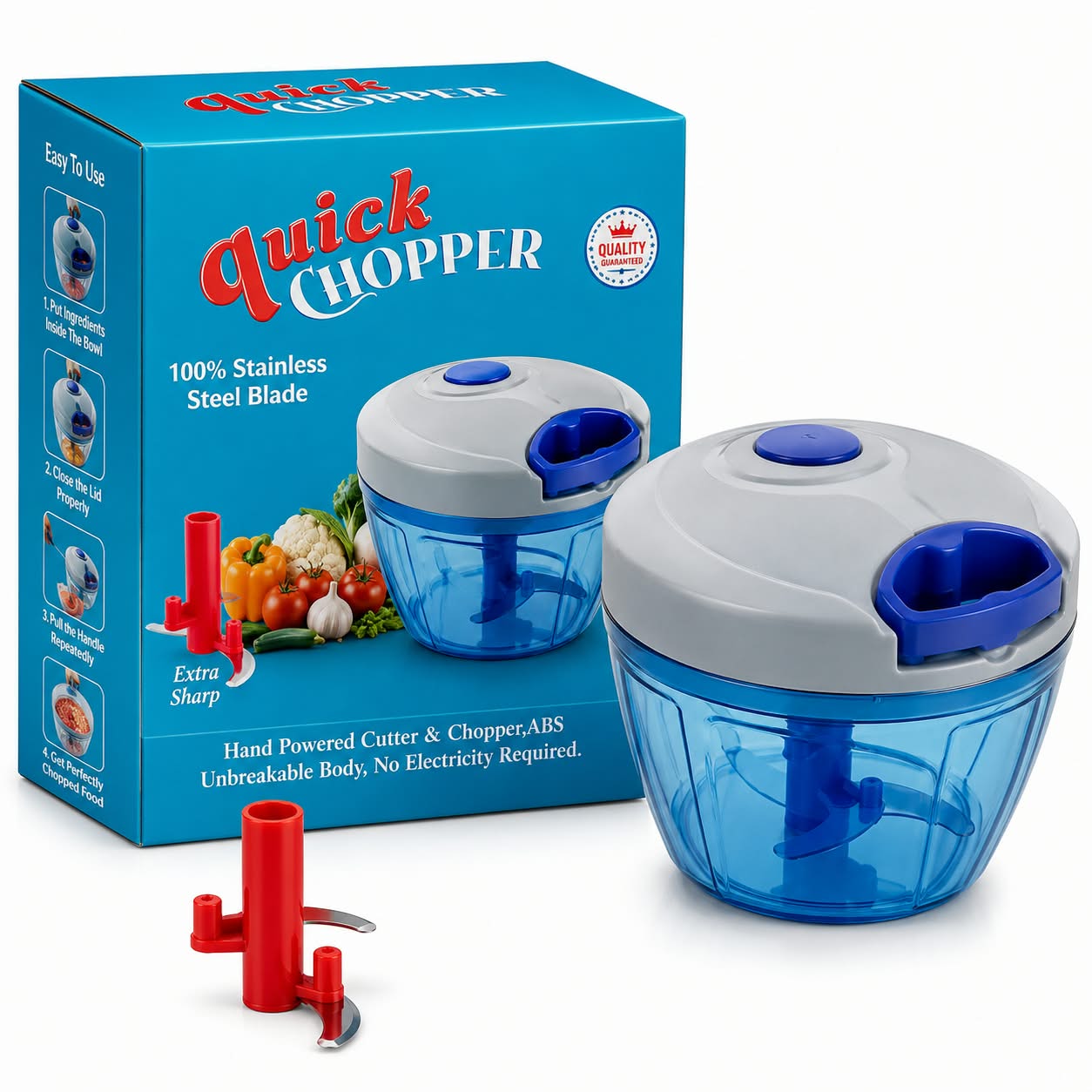 Quick Chopper, Plastic Hand Powered Cutter & Chopper with Stainless Steel Blade — Blue