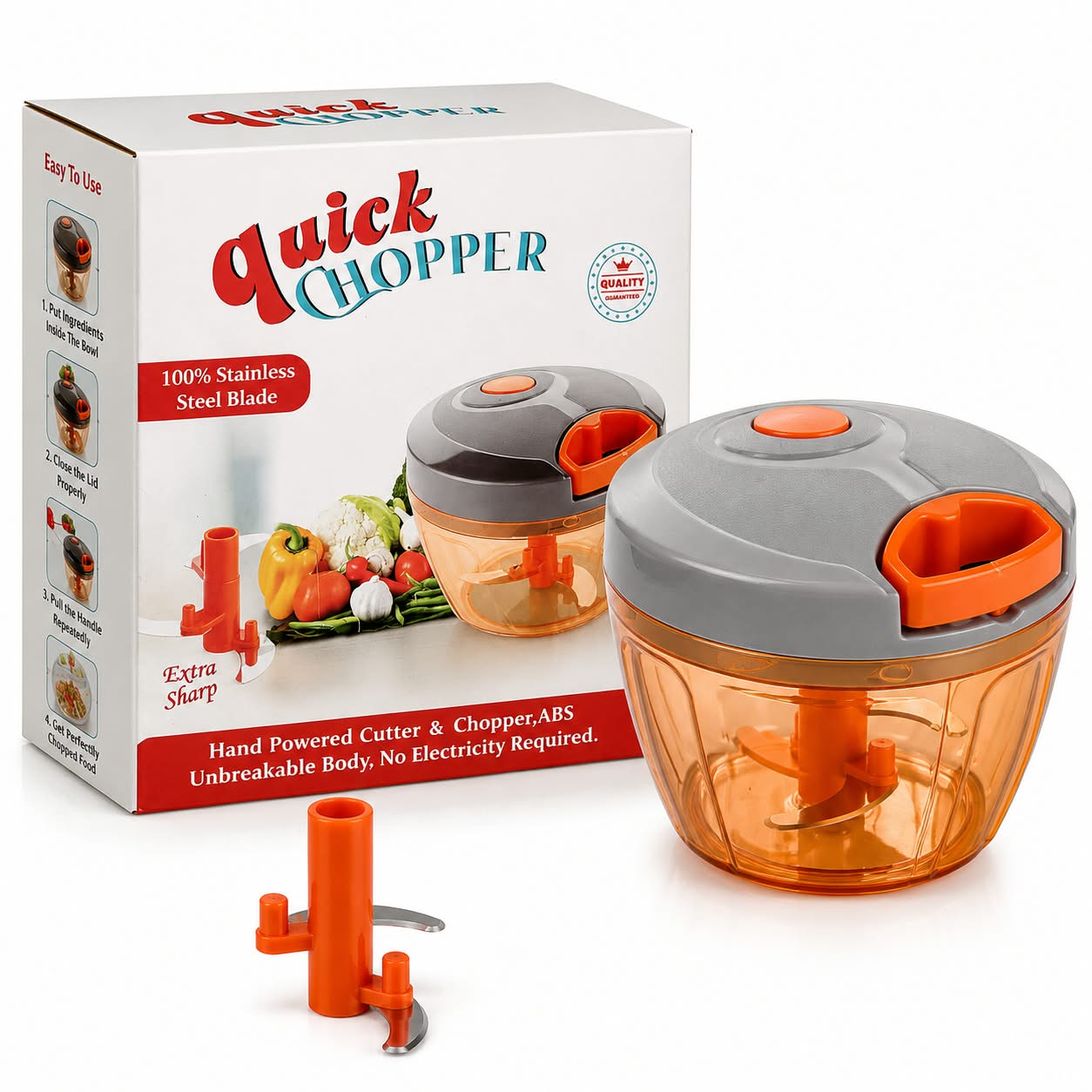 Quick Chopper, Plastic Hand Powered Cutter & Chopper with Stainless Steel Blade — Orange
