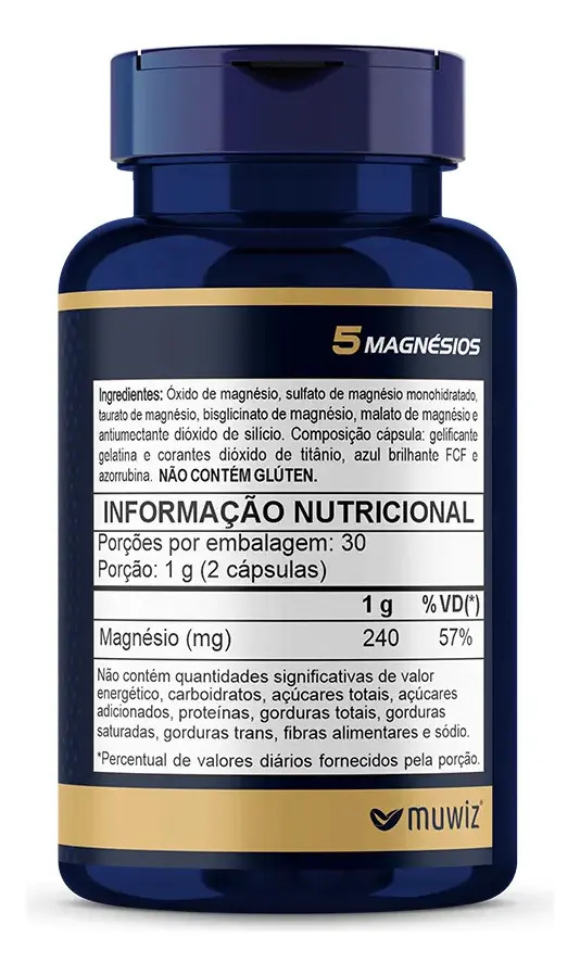 Magnésios 5 Fontes - Quelato + Malato + Taurato + Sulfato + Óxido - 60 Cápsulas Muwiz Vitamina