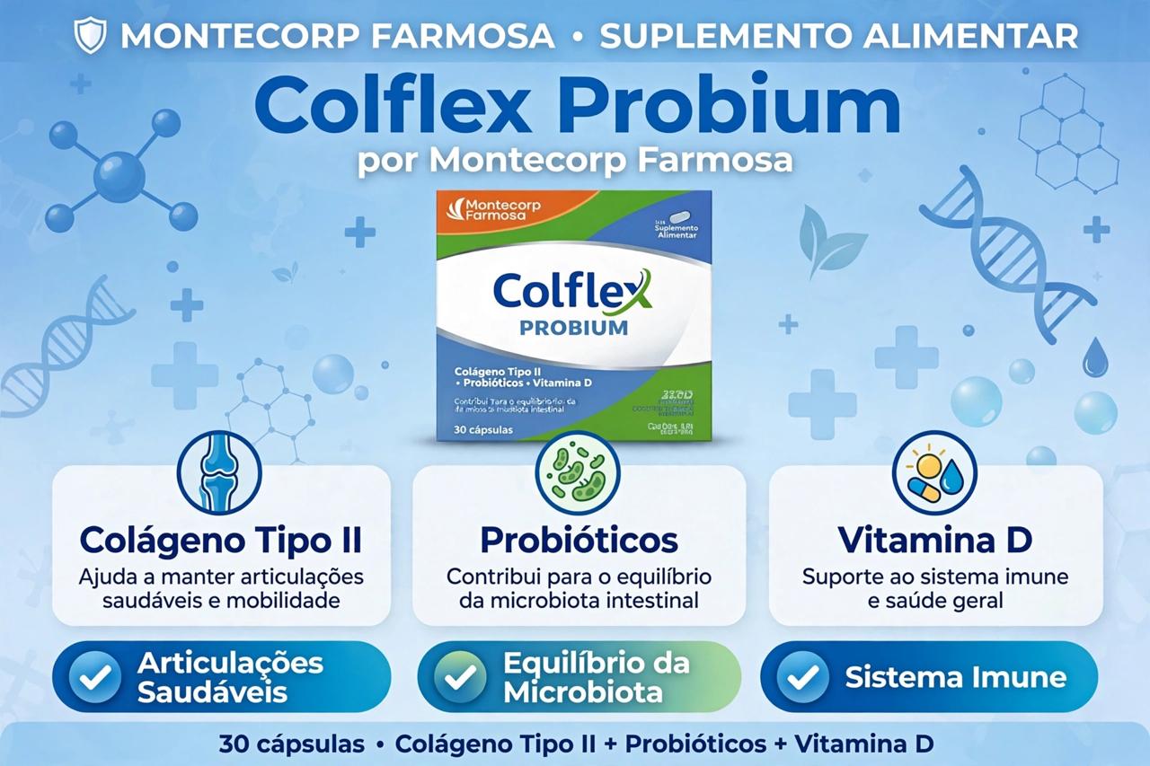 Colflex Probium Mantecorp – Colágeno Tipo II 40mg + Probiótico + Vitamina D – 30 Comprimidos Revestidos
