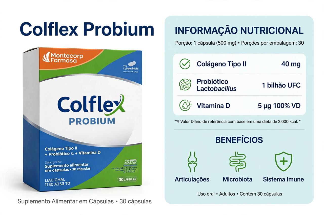 Colflex Probium Mantecorp – Colágeno Tipo II 40mg + Probiótico + Vitamina D – 30 Comprimidos Revestidos