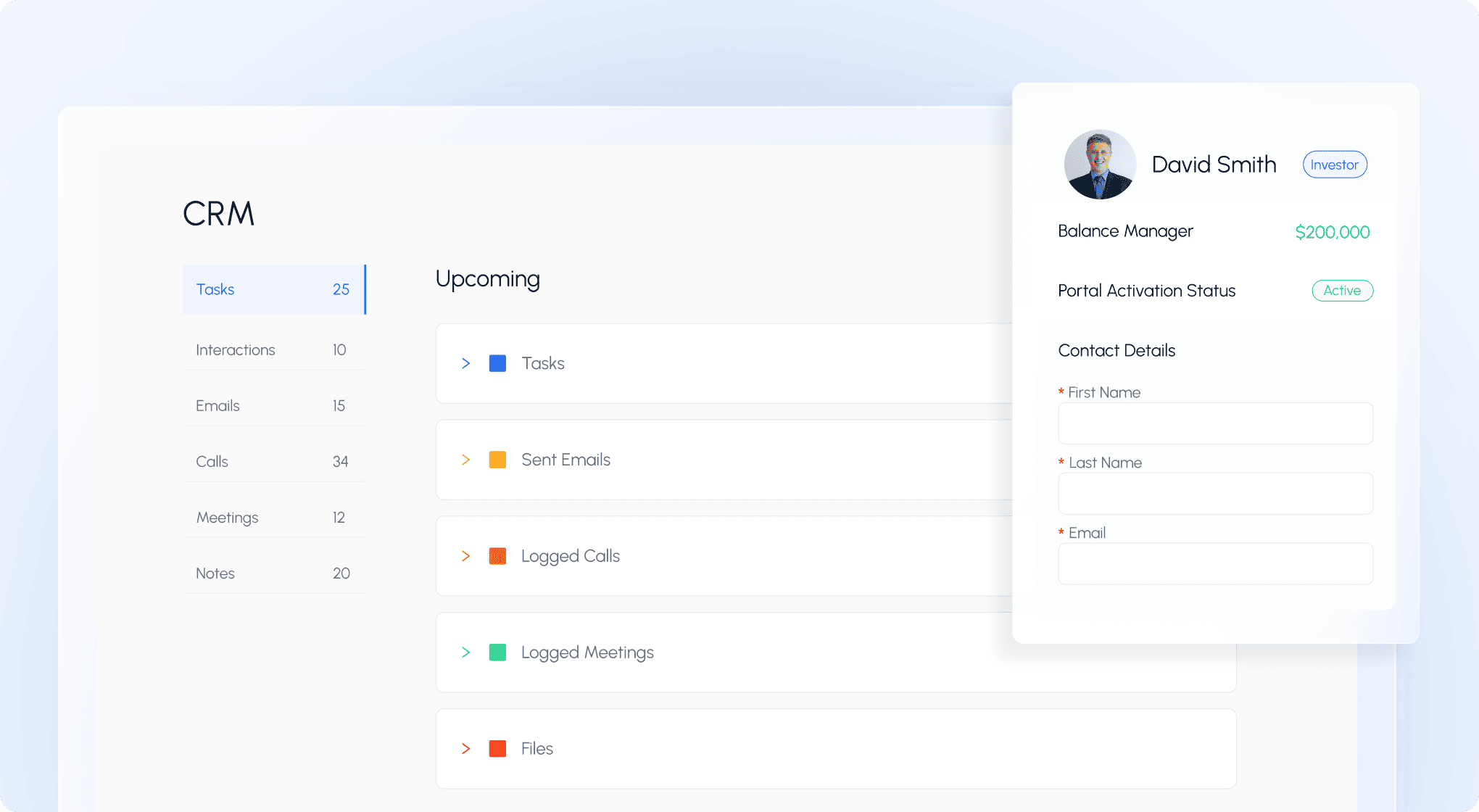 Agora's CRM dashboard showing tasks, emails, calls, meetings, and notes with an investor profile panel displaying balance and contact details.