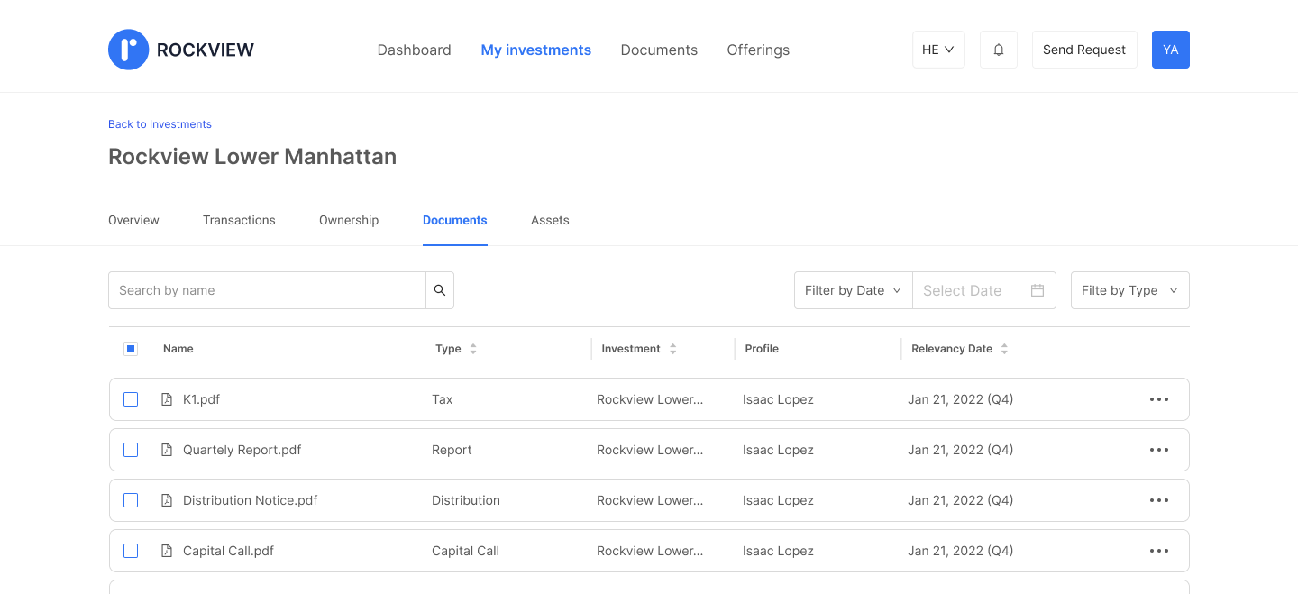 Investor portal documents view from a specific investment