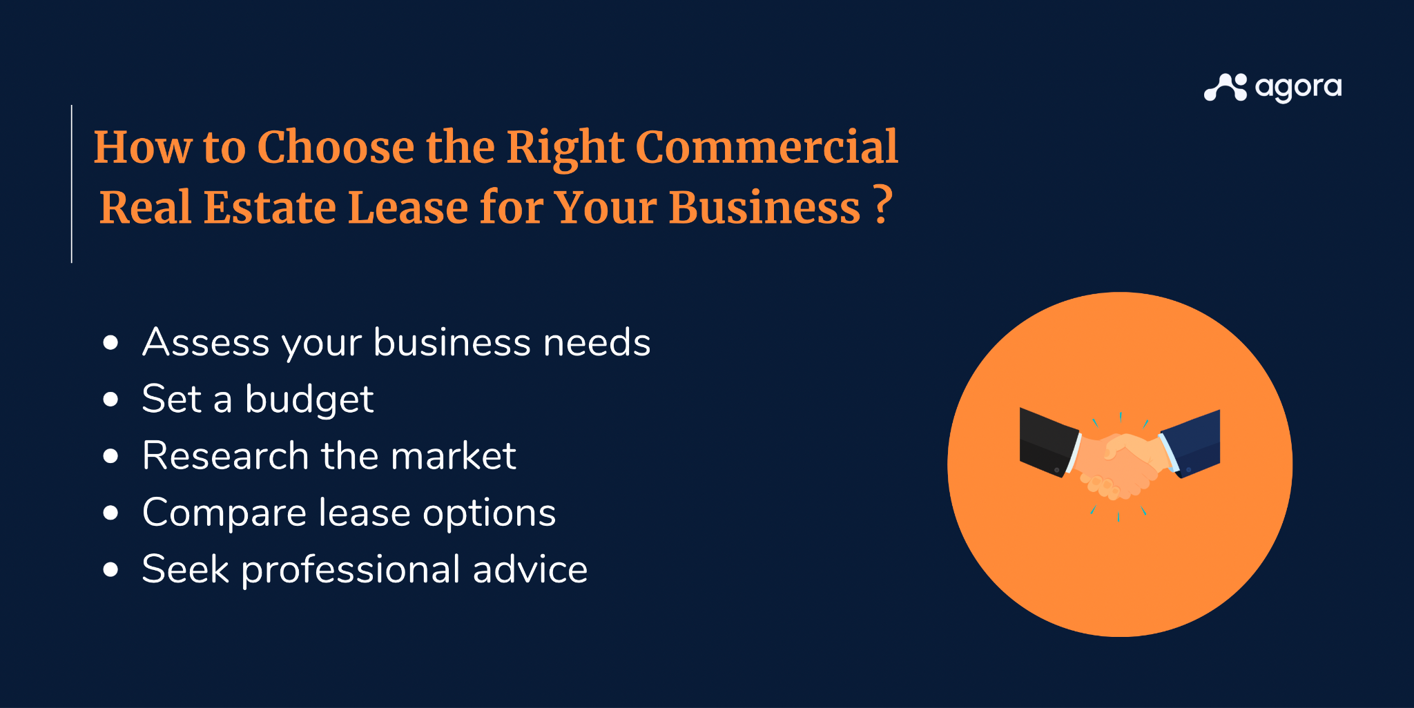 Image of five important steps to choose the right commercial real estate lease for business, which include assessing your business needs, setting a budget, researching the market, comparing lease options and seeking professional advice.