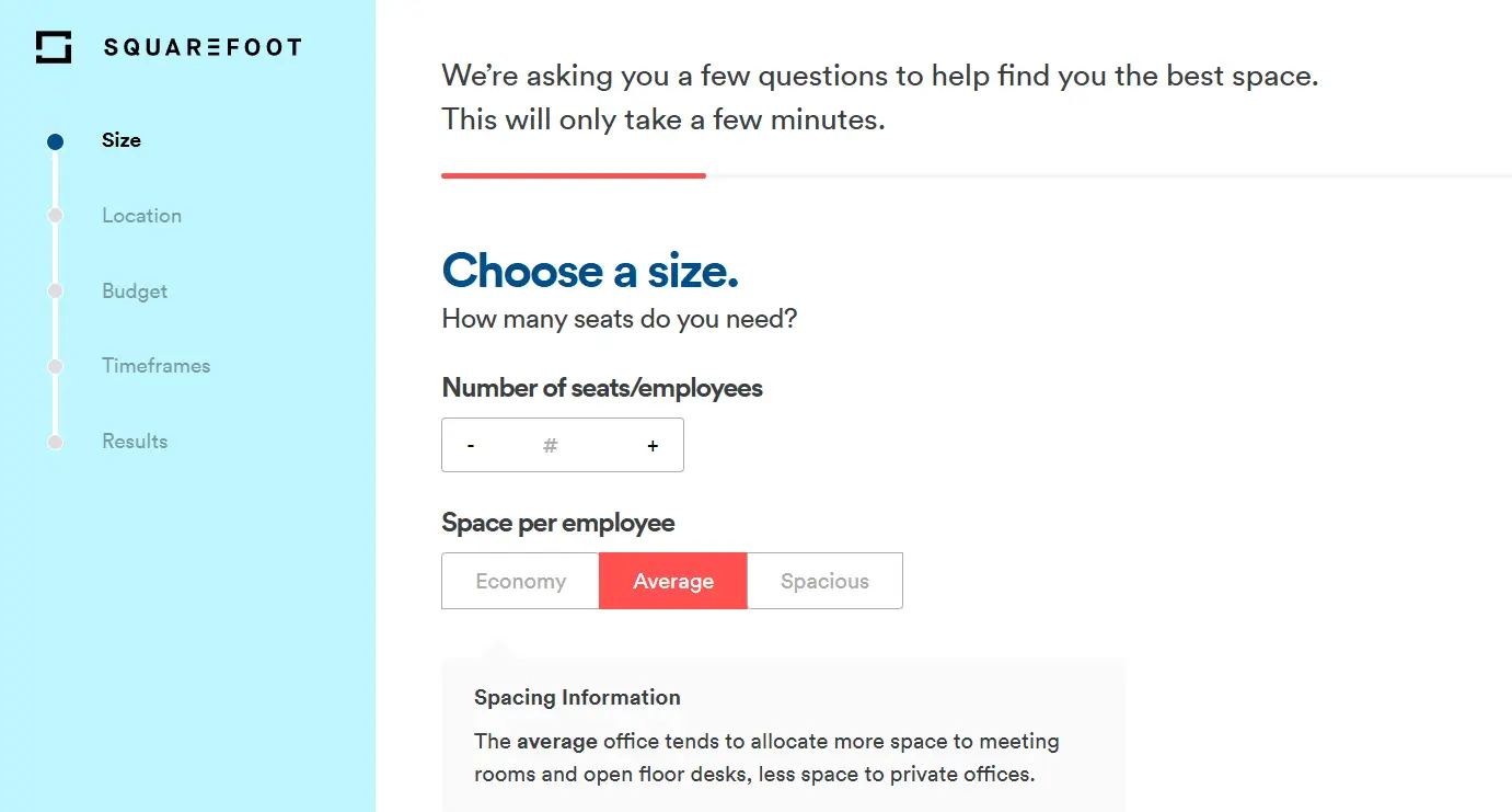 SquareFoot questionnaire screen asking users to choose office size by number of employees and space per employee.