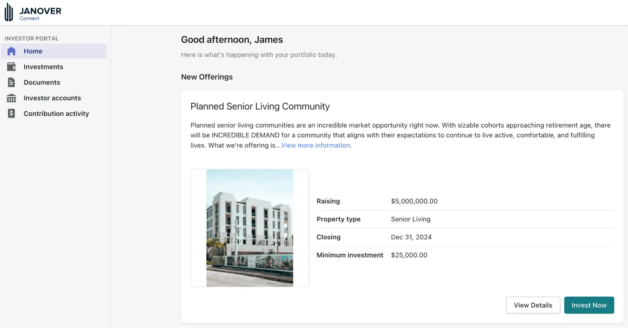 Janover investor portal screen showing a $5M senior living community offering with a $25K minimum investment and Dec 31, 2024 closing date.