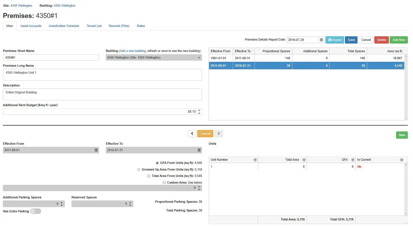 CRESSblue interface showing building details, rent budget, unit area data, effective dates, and parking allocations for 4350 Wellington.