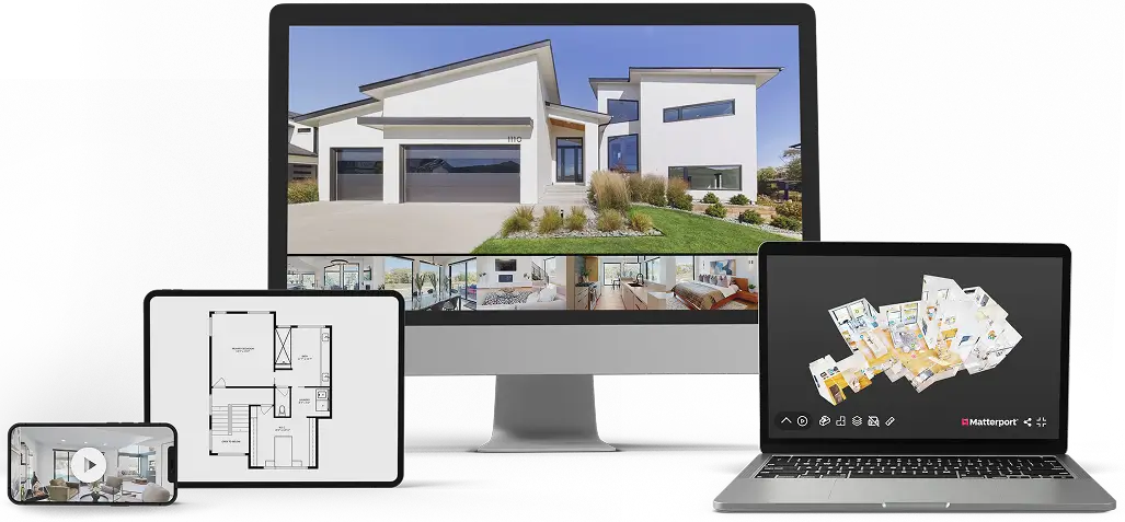 Real estate media suite showing property images, floor plans, 3D tours, and videos across desktop, laptop, tablet, and smartphone devices.