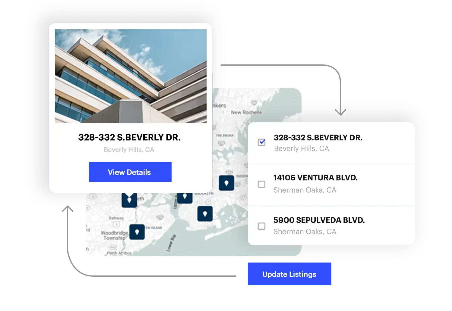 Real estate listing interface showing 328-332 S. Beverly Dr. selected on a map with options to view details or update multiple property listings.