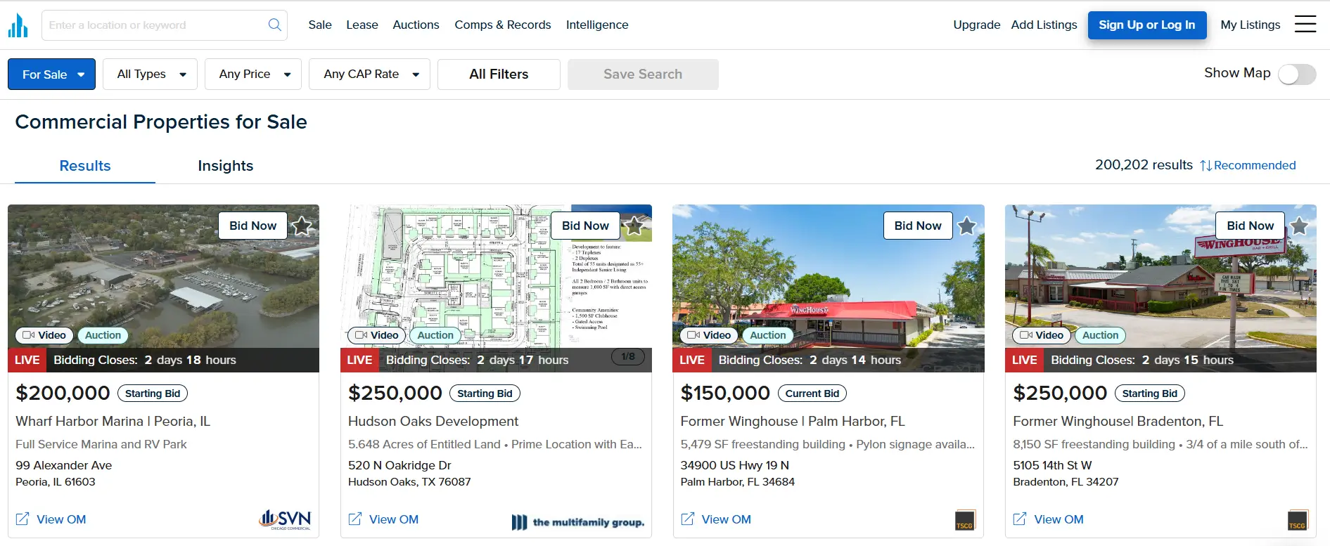 Crexi's dashboard showing commercial property auction listings with live bids for sites in IL, TX, and FL.
