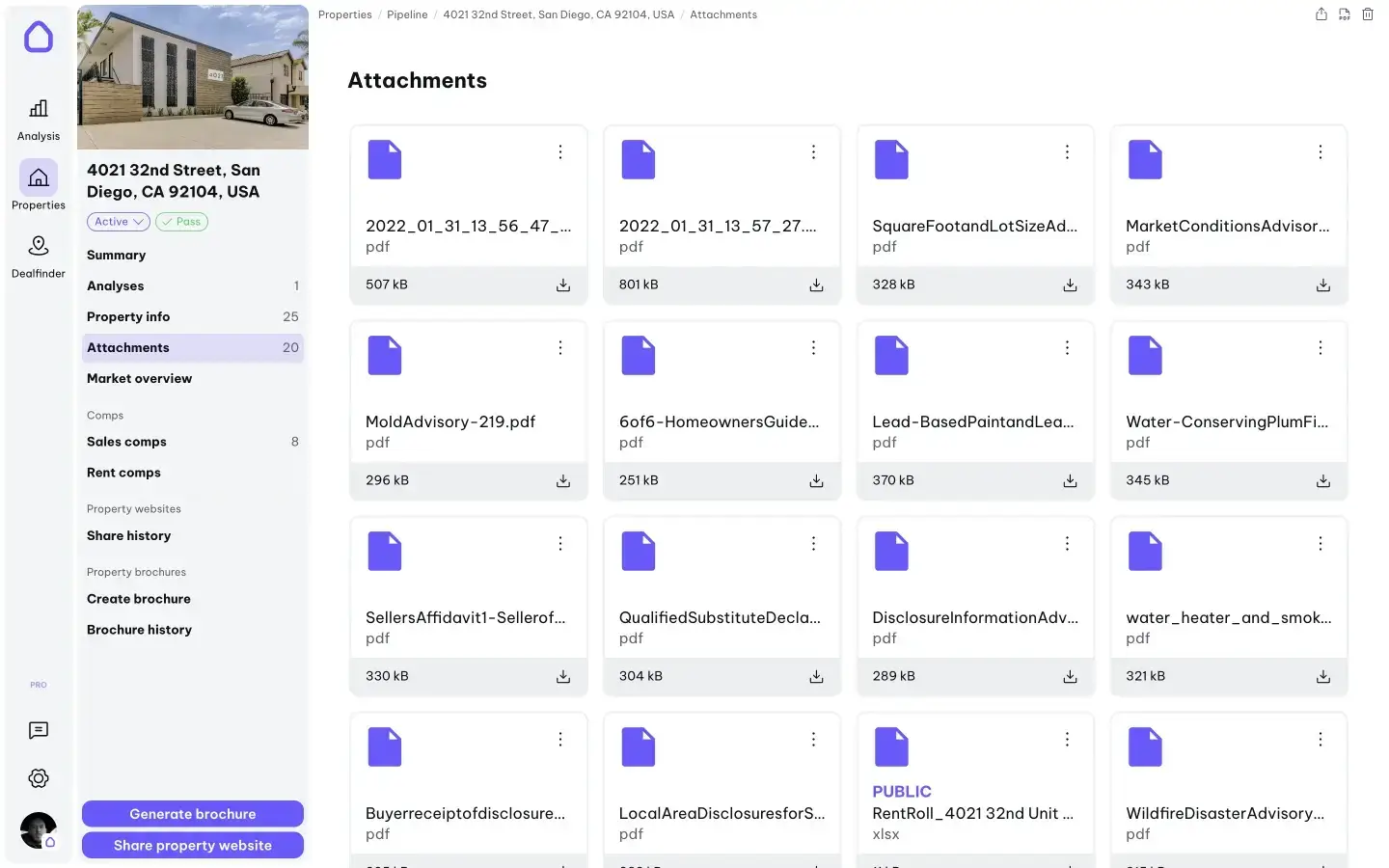 IntellCRE dashboard showing 4021 32nd Street, San Diego property with 20 attachments including disclosures, advisories, and rent roll files.