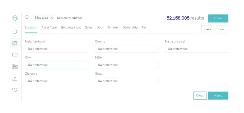 Renomy interface with real estate search filter showing location fields like city, zip code, state, and neighborhood preference.