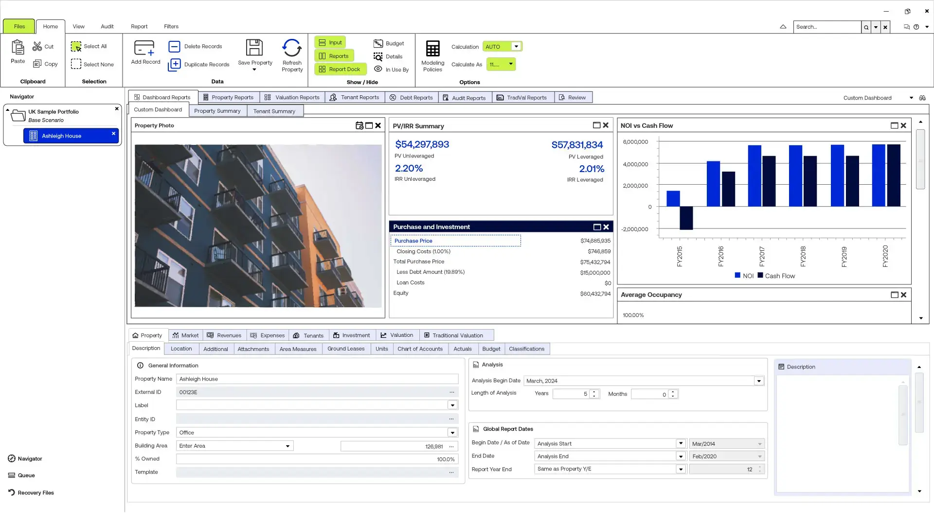 ARGUS Enterprise real estate financial dashboard showing property data, investment summary, and NOI vs. cash flow chart.