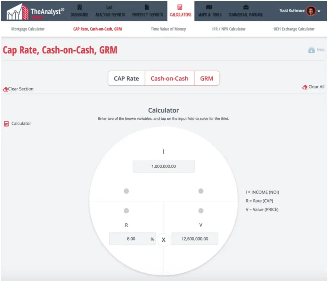 TheAnalyst PRO calculator interface for Cap Rate, Cash-on-Cash, and GRM, showing inputs for income, rate, and value with visual formula wheel.