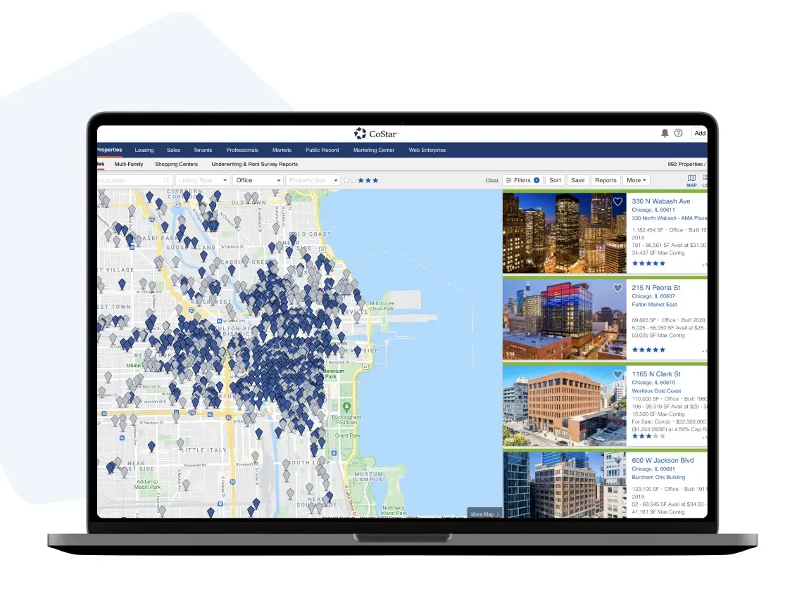 CoStar property search interface on a laptop showing a map of listings around Washington, D.C.