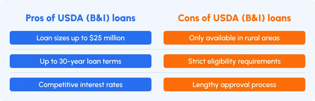 Pros and cons of USDA B&I loans, highlighting large loan sizes and 30-year terms vs. rural-only availability and strict eligibility.