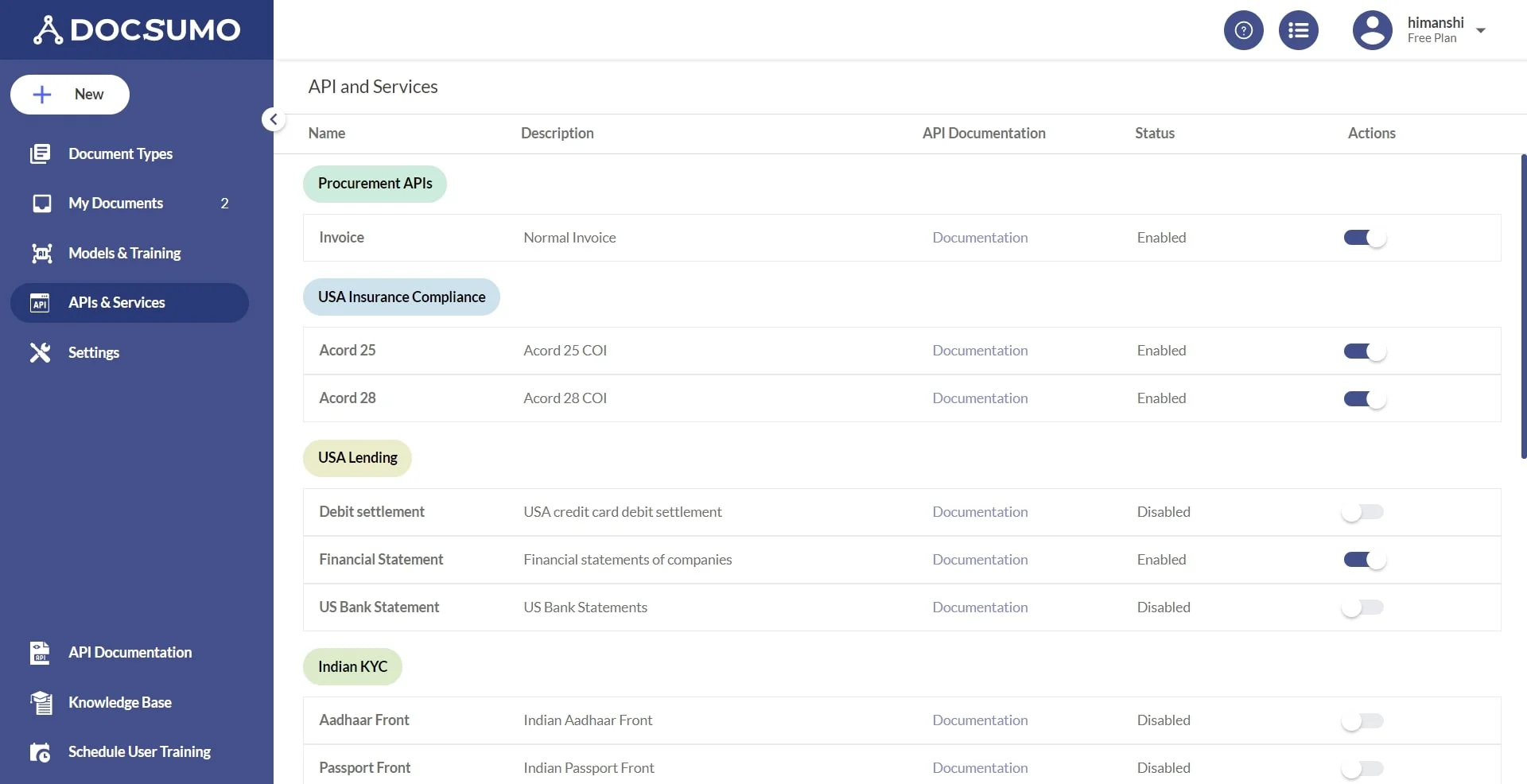 DOCSUMO dashboard showing API and Services list with status toggles for Procurement, Insurance, Lending, and KYC-related APIs.