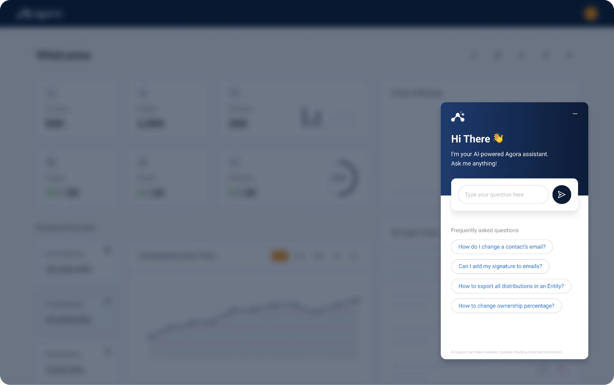 Agora's AI-powered assistant popup offering help with common tasks like email changes and data exports