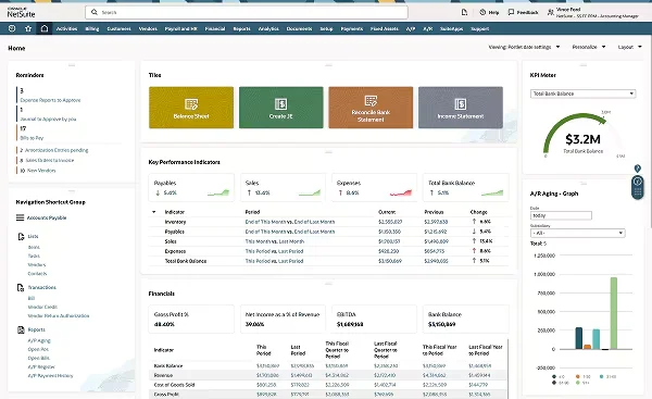 NetSuite dashboard showing balance sheet, KPIs, financials, and bank balance.