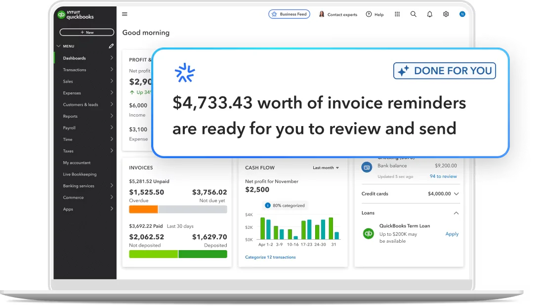 QuickBooks dashboard showing invoices, cash flow, and bank balance.