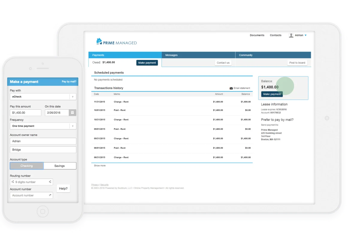 Mobile and tablet view of Prime Managed payment portal in Buildium, showing rent due, transaction history, and option to pay via eCheck.