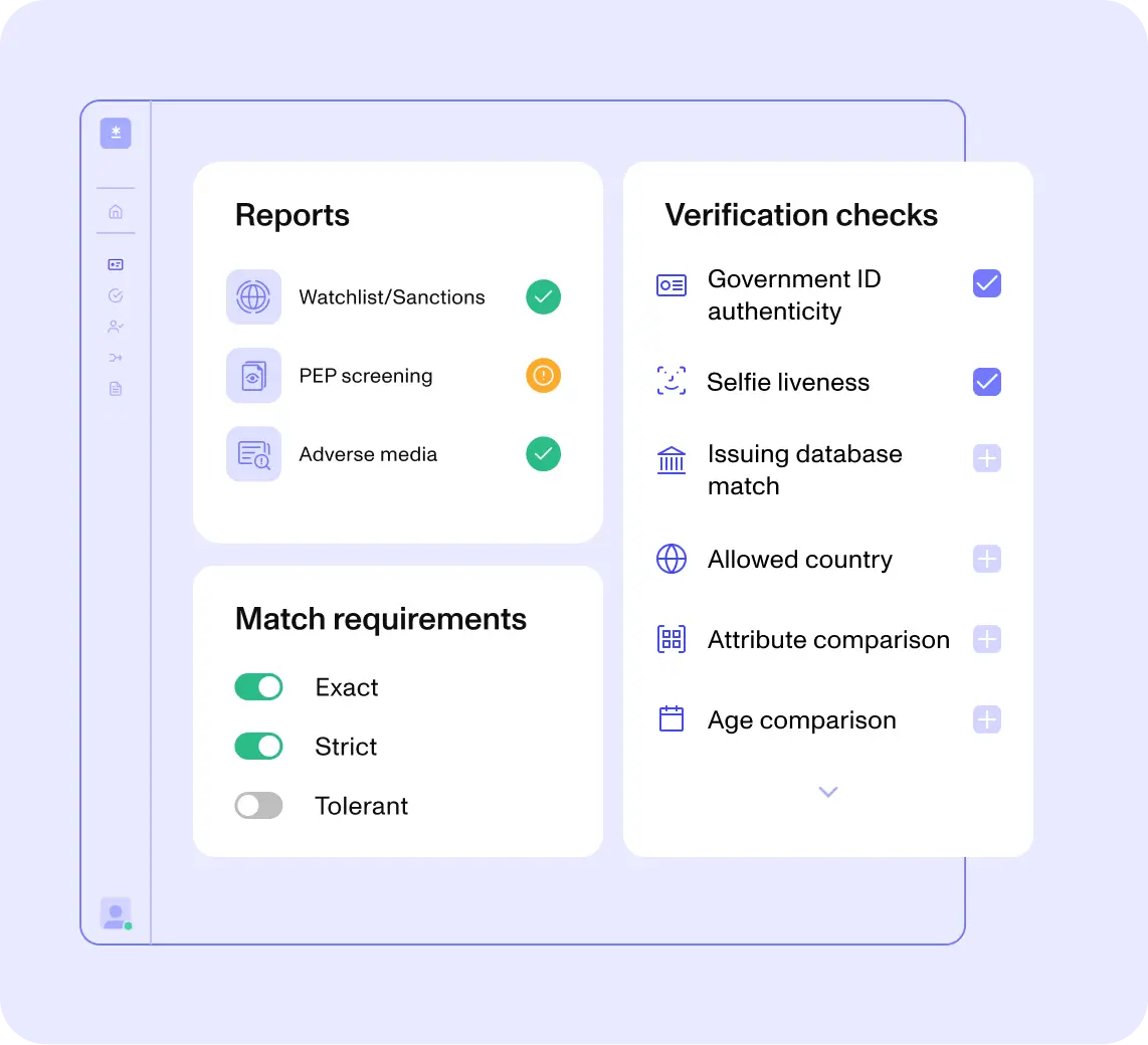 Dashboard showing reports, match requirements, and verification checks like ID authenticity, selfie liveness, and database match