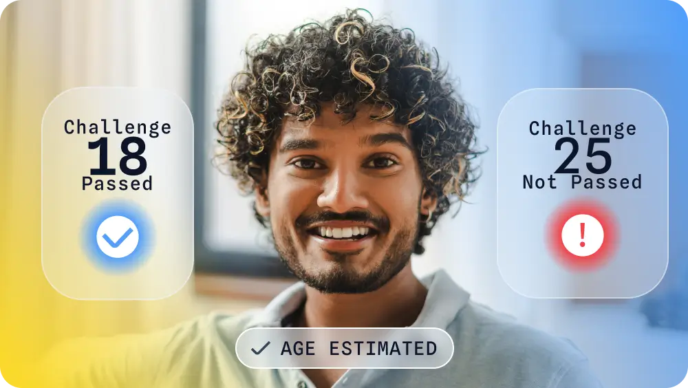 Digital age estimation test with results showing Challenge 18 passed and Challenge 25 not passed