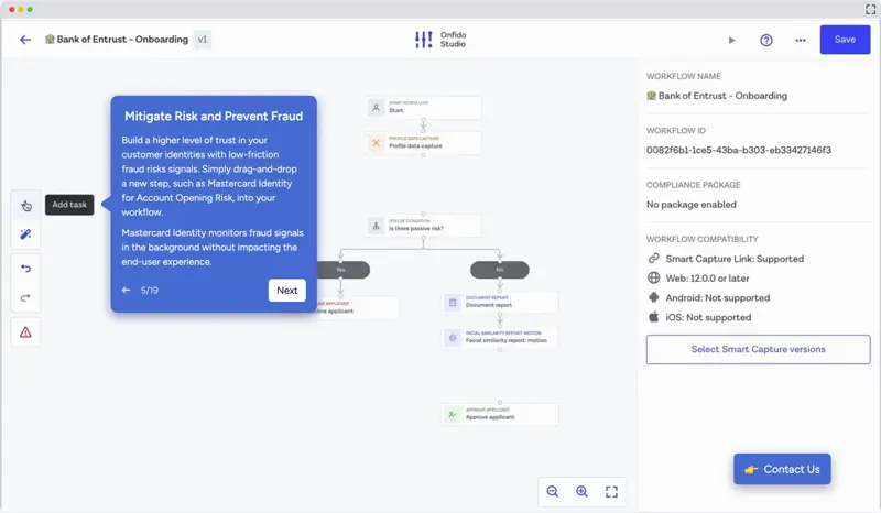 Onfido Studio onboarding workflow editor showing fraud prevention step with guidance pop-up and flowchart for applicant approval