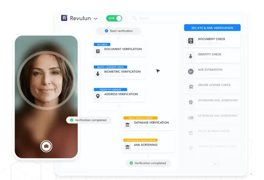 Identity verification flow with woman’s selfie on phone screen and steps for document, biometric, address, database, and AML checks