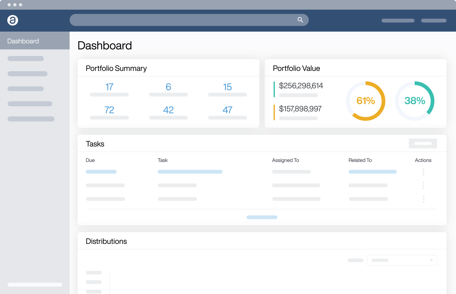 Appfolio dashboard interface showing portfolio summary metrics, portfolio value charts, task list, and distributions in a clean web application layout.