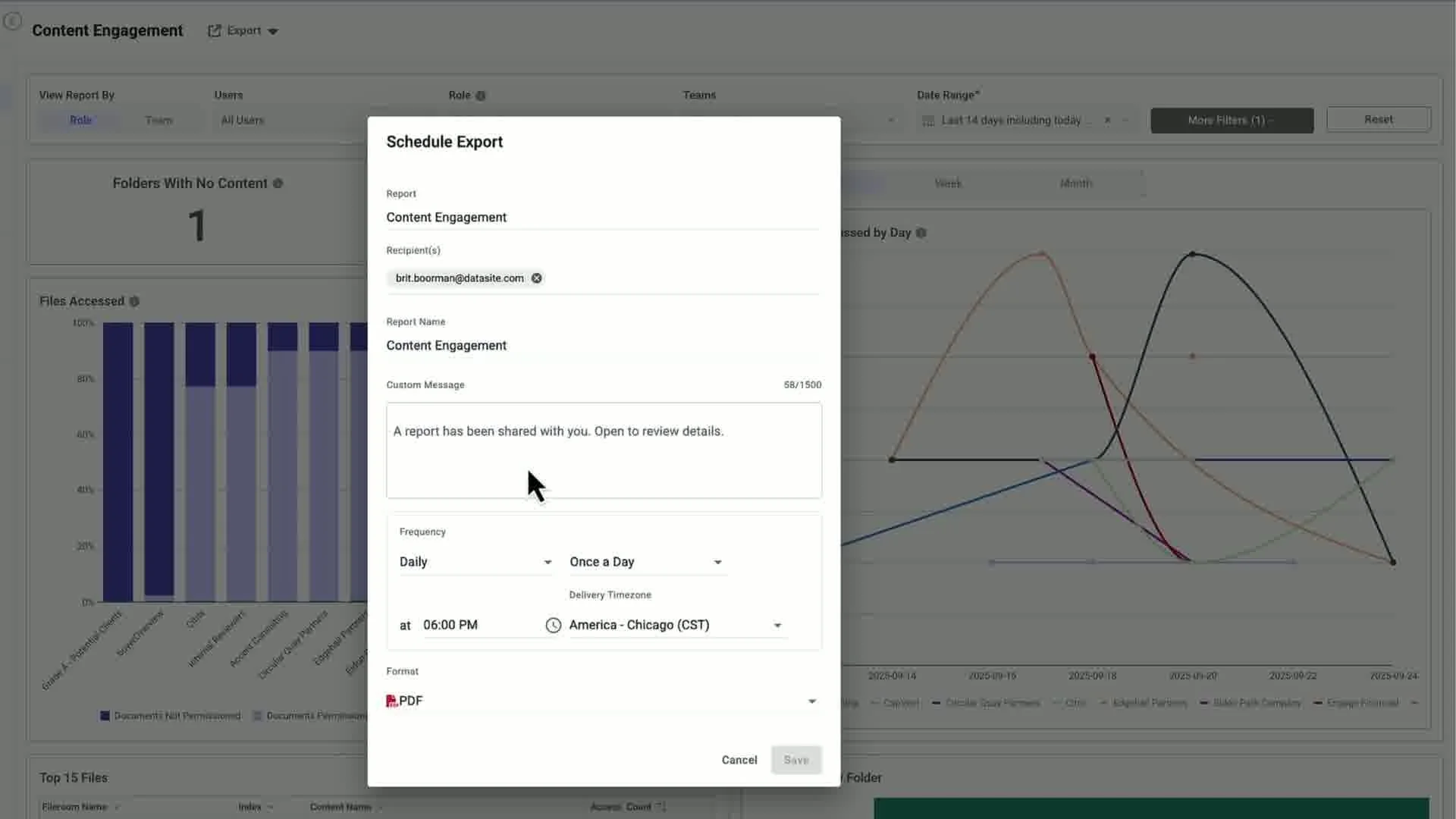 Datasite virtual data room with a window scheduling a content engagement report export, with frequency, delivery time, format options, and analytics dashboard in the background.