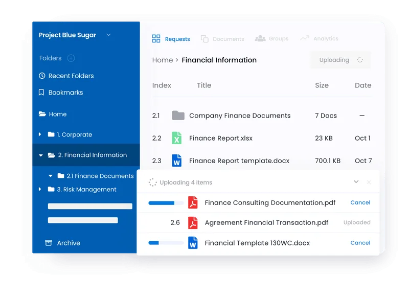 DealRoom's document management interface showing a financial information folder, file list, and multiple documents uploading within Project Blue Sugar.