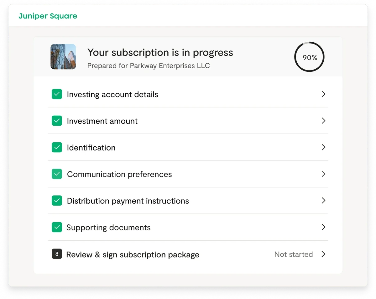 Juniper Square investor portal showing subscription progress at 90%, with completed steps for account details, ID, documents, and pending review and signature.