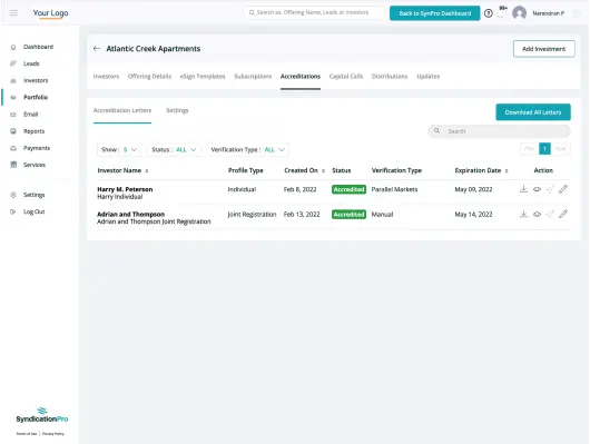SyndicationPro real estate investor portal showing accreditation management for an apartment offering, with investor names, verification status, and expiration dates.