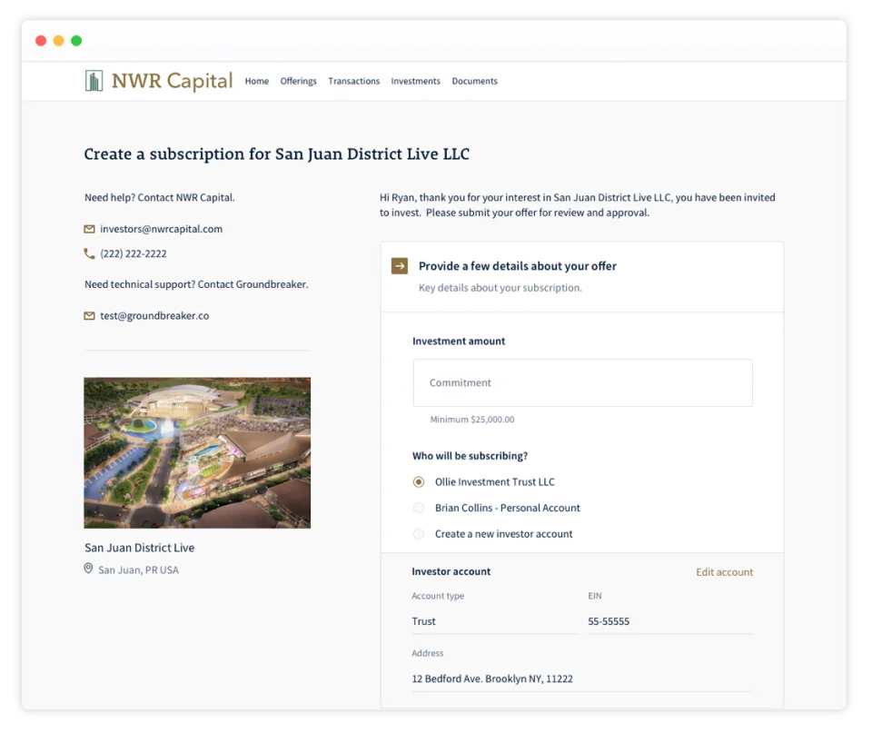 Janover Connect real estate investor subscription page showing investment amount entry, account selection, and offering details for San Juan District Live LLC.