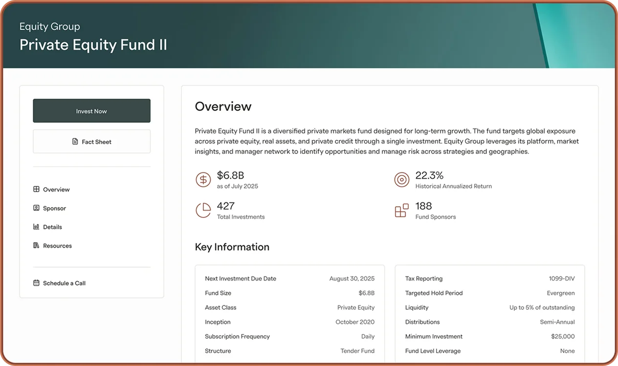 Private equity fund overview page showing fund details, performance metrics, key information, and options to invest or view the fact sheet.