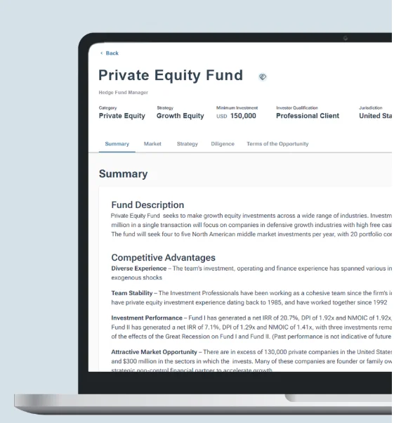 Private equity fund detail page showing summary, strategy, minimum investment, investor qualifications, and fund description.
