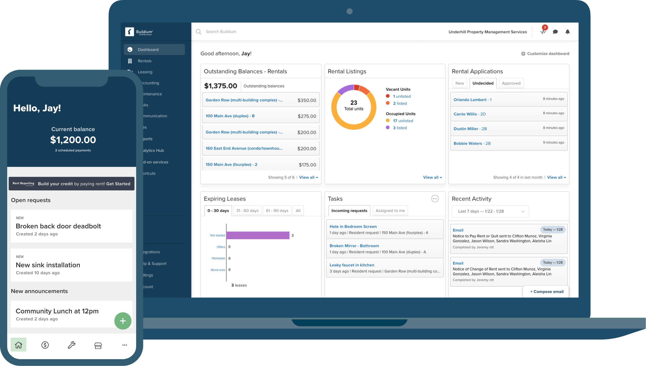 Buildium dashboard on desktop and mobile showing outstanding balances, rental listings, applications, tasks, and a tenant view with current balance and requests.