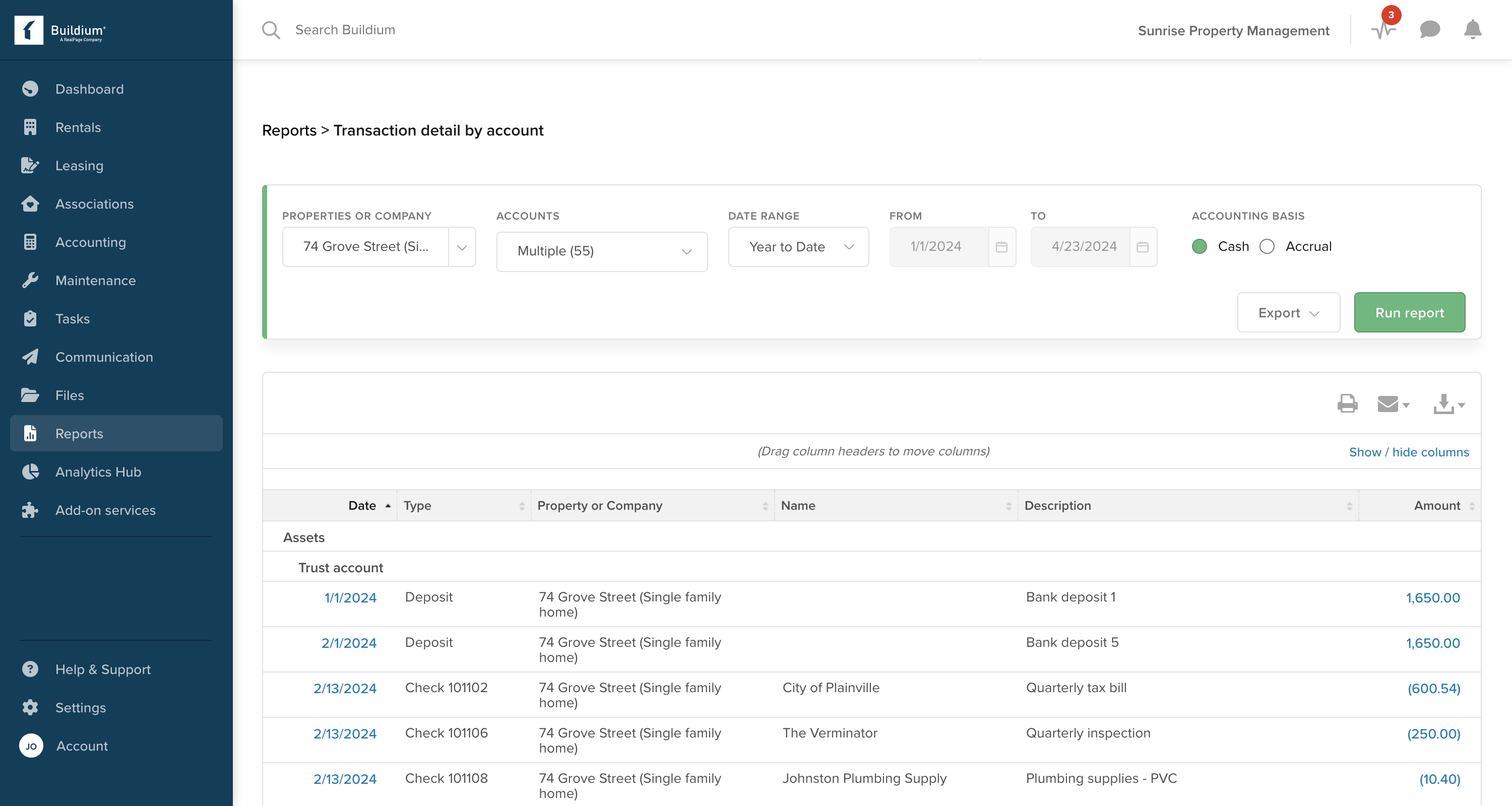 Buildium dashboard showing “transaction detail by account” report filters and a table of trust account transactions with amounts.