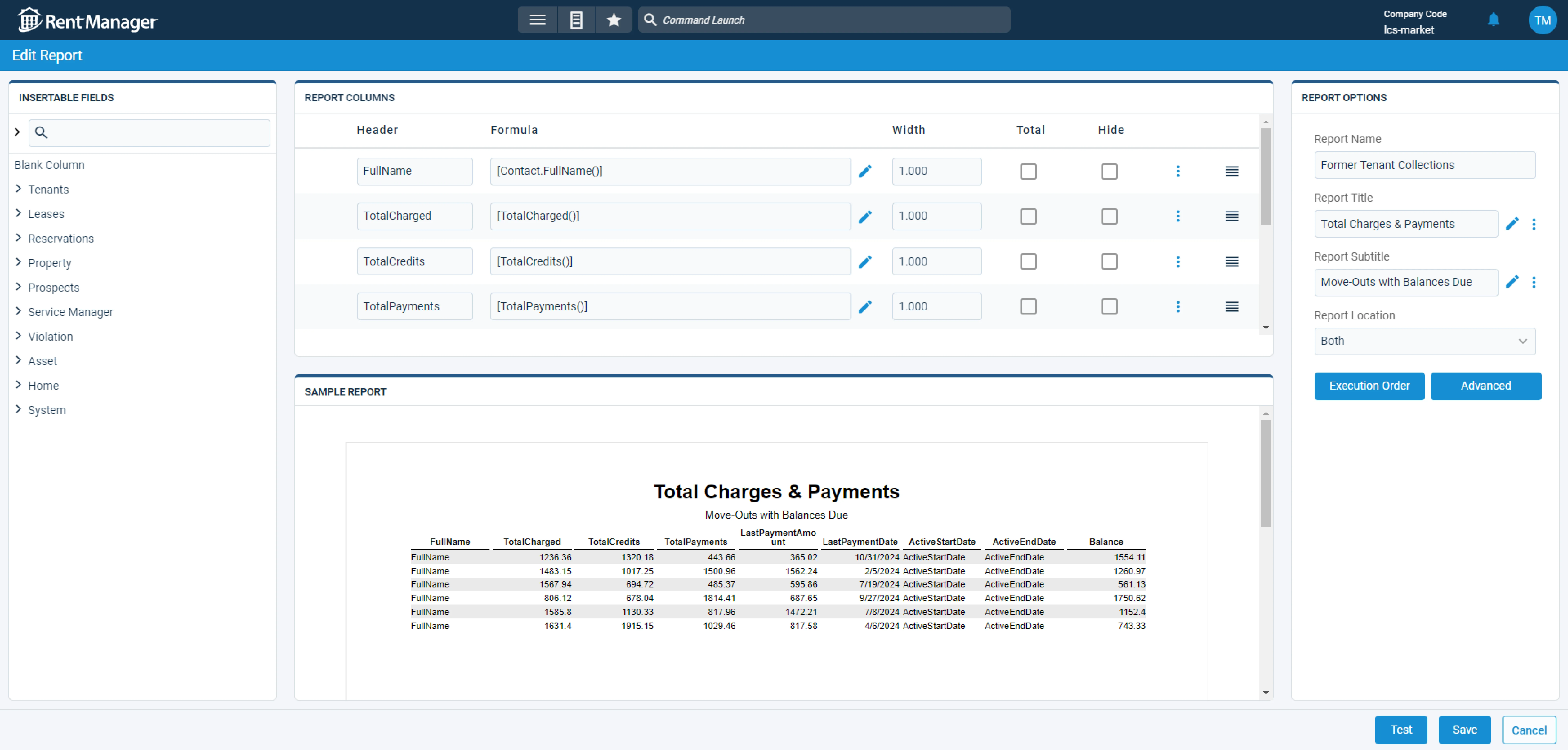 Rent Manager Edit Report screen showing report columns, formulas, and “Total Charges & Payments” report preview.