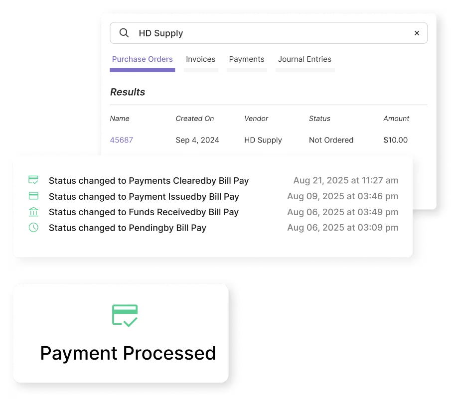 Accounting search for “HD Supply” showing purchase order results.