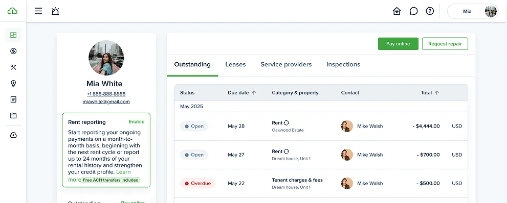 Tenant portal dashboard for Mia White showing outstanding rent and fees, due dates, and contacts.