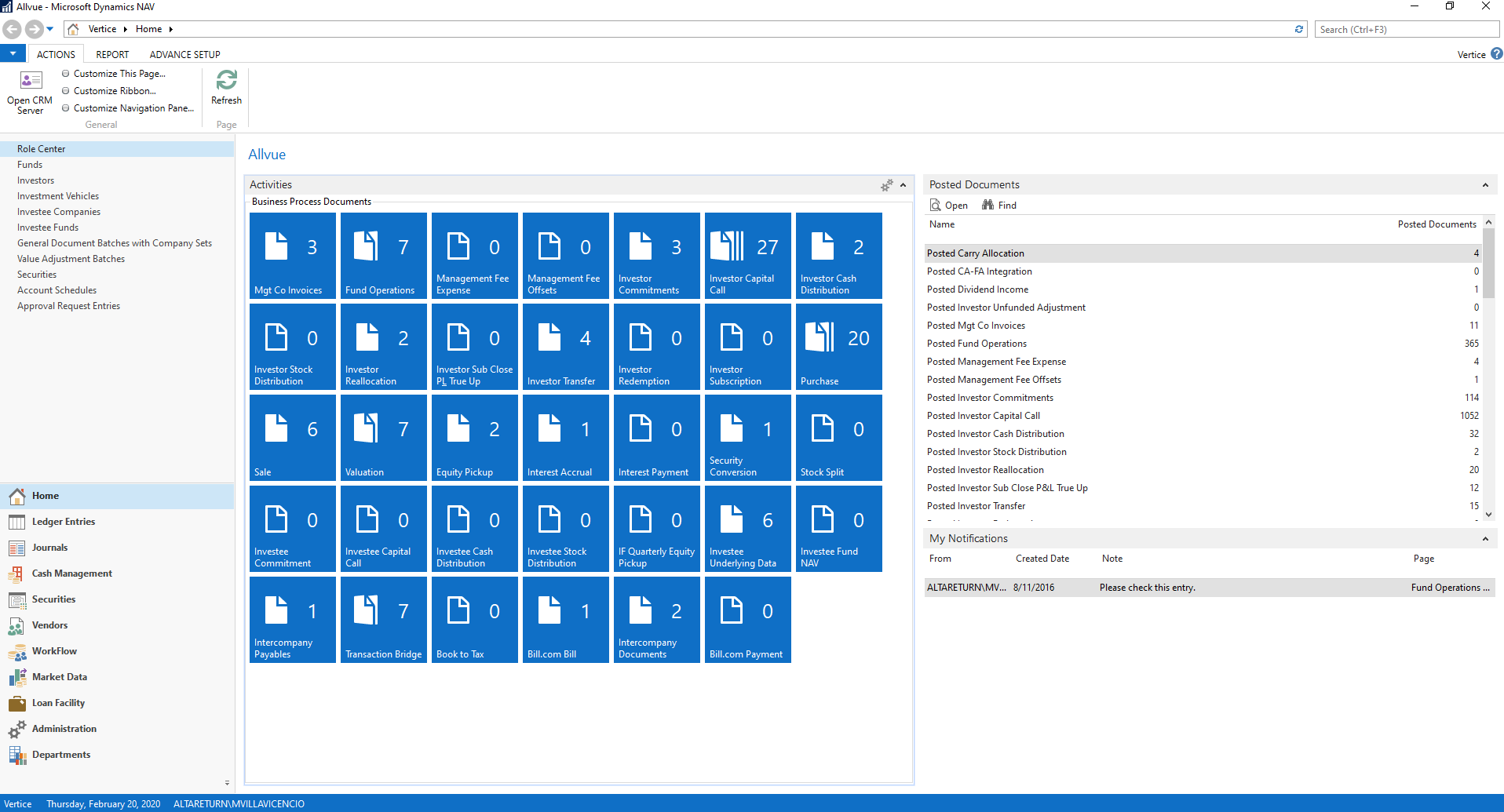 Allvue home screen showing role center for fund activities, posted documents list, and navigation menu.