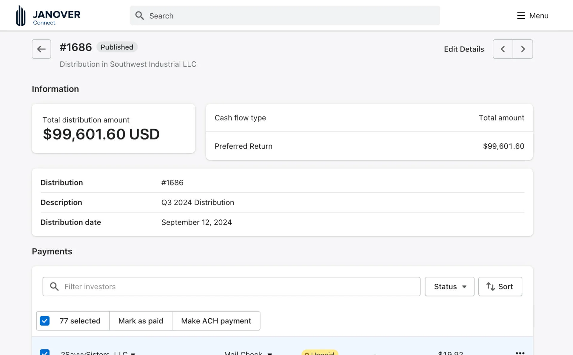 Janover Connect distribution details page showing total distribution amount, cash flow type, date, and payment management tools.