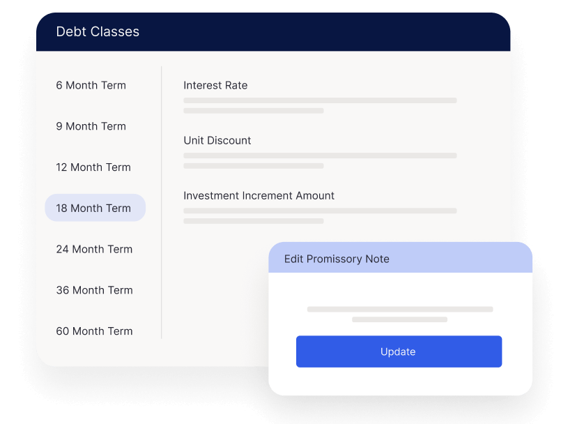 Debt Classes interface showing loan term options, interest rate and discount fields, and an Edit Promissory Note update dialog.
