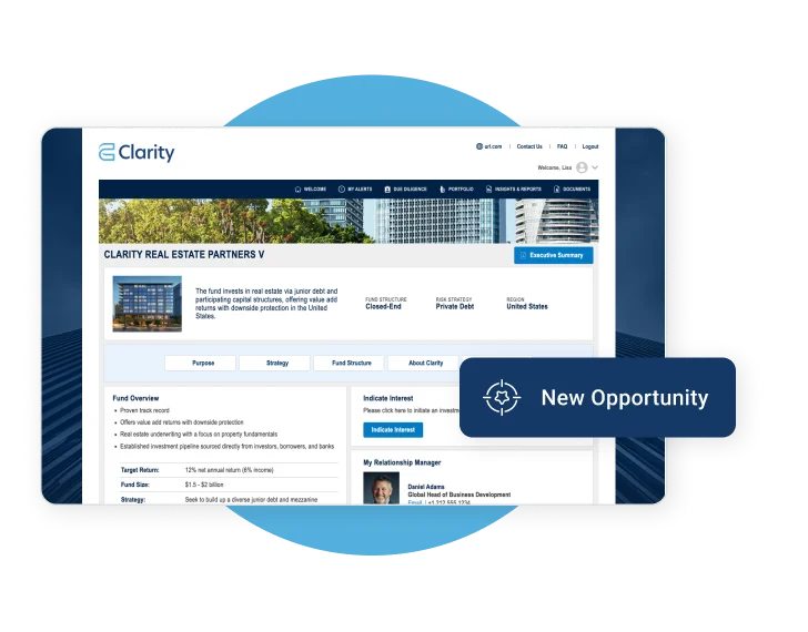 Clarity investor portal screen showing a real estate fund opportunity page with tabs, executive summary button, and “New Opportunity” label.