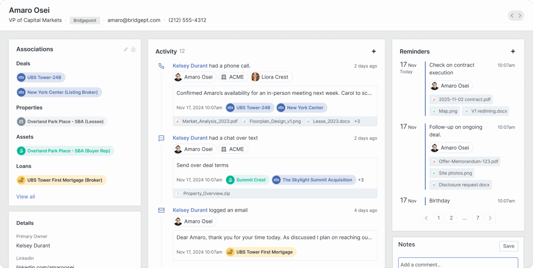 CRM contact profile dashboard showing associations, recent activity timeline, reminders, deal documents, and notes for a capital markets executive.